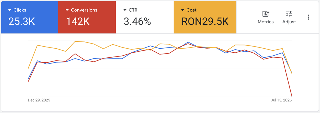 Dashboard Google Ads cu 25,3 mii de clicuri și 142 de mii de conversii
